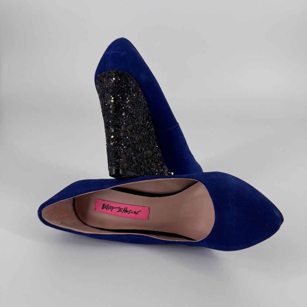 Betsey Johnson Blue Suede Glitter Wedge Heels Women's Size 7 Leather Upper‎